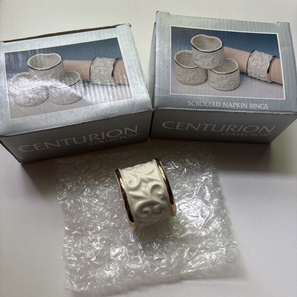 Porcelain Napkin Rings Centurion Scrolled White And Gold Set Of 8 - Vintage
